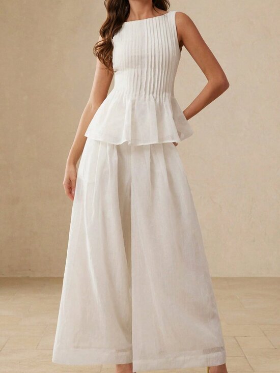 Pants - White Elegant Women's Striped Sleeveless Top with Umbrella Hem 2‑Piece Set